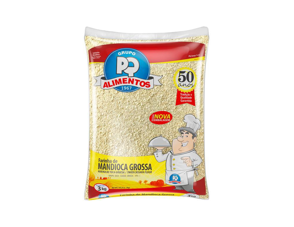 FARINHA DE MANDIOCA CRUA GROSSA PQ 3 KG (FDO 6 PCT)